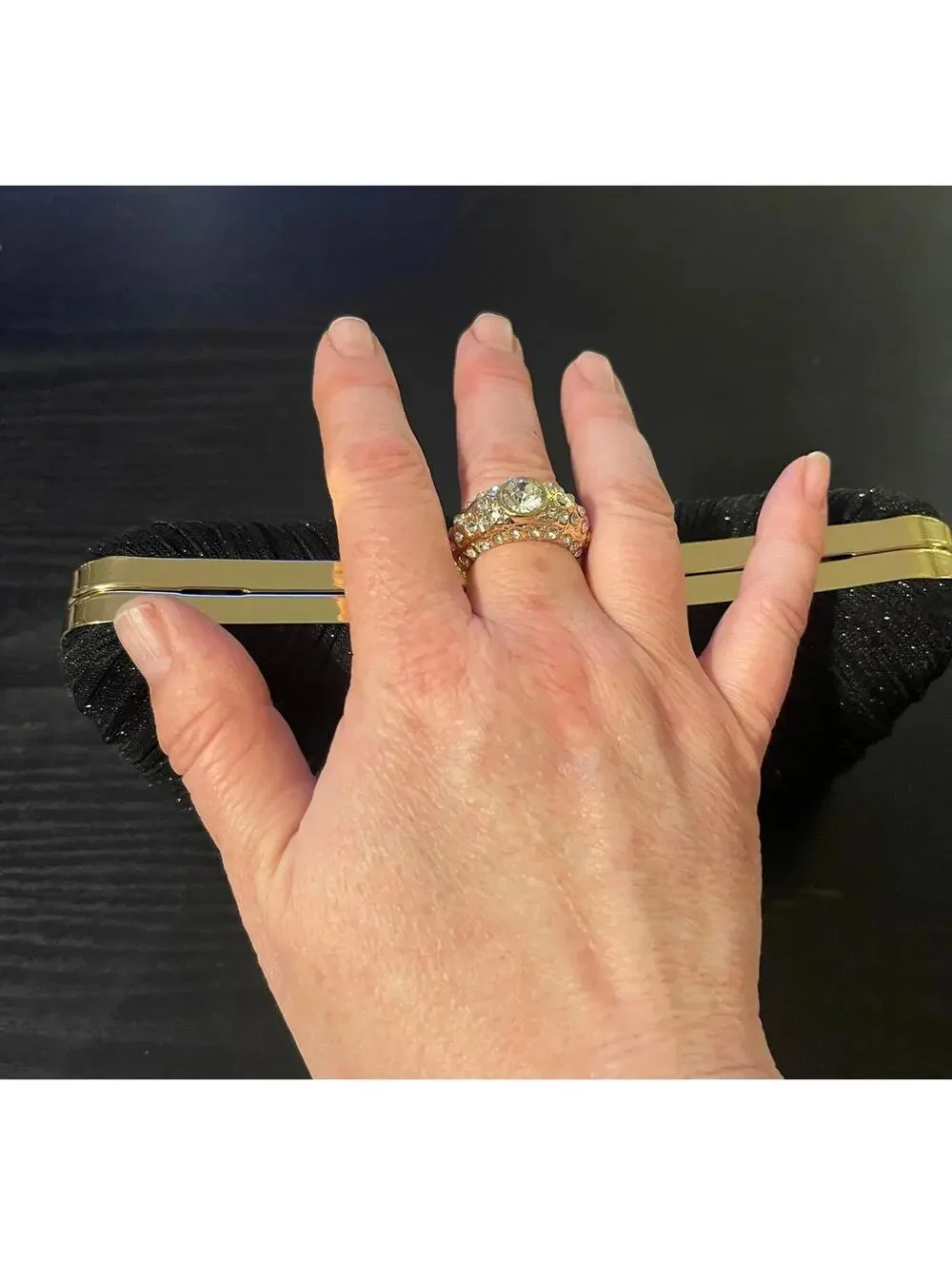 Elegant Black Evening Clutch with Gold Accents and Rhinestone Ring/Gold Chain